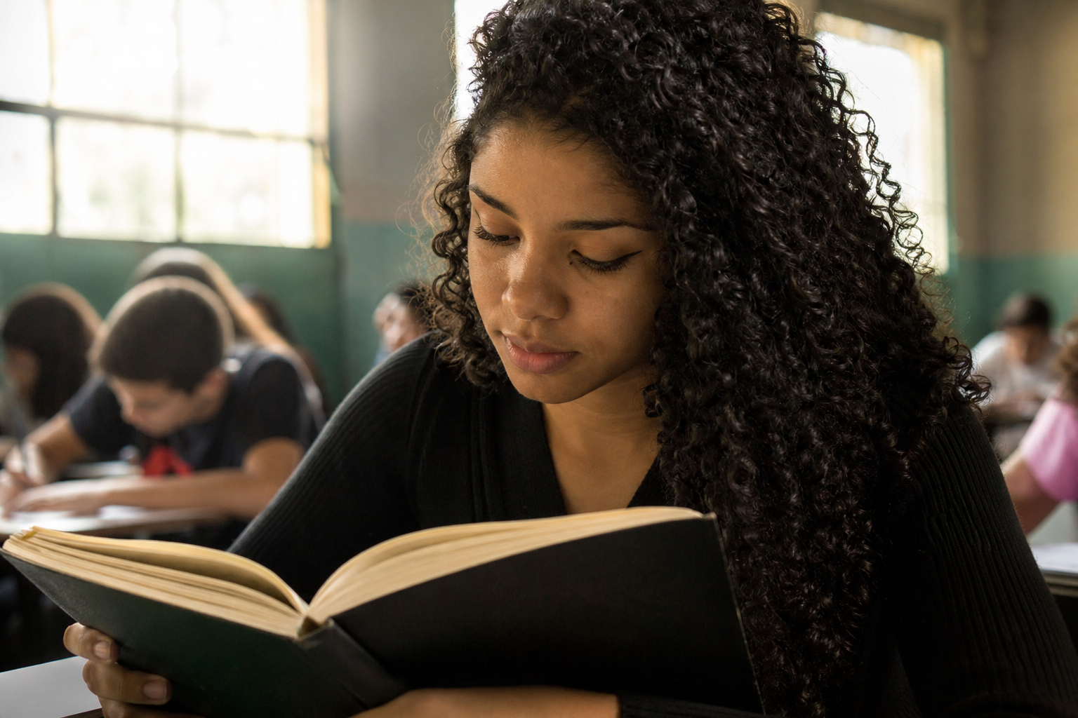 Estudante lendo com foco no aprendizado.