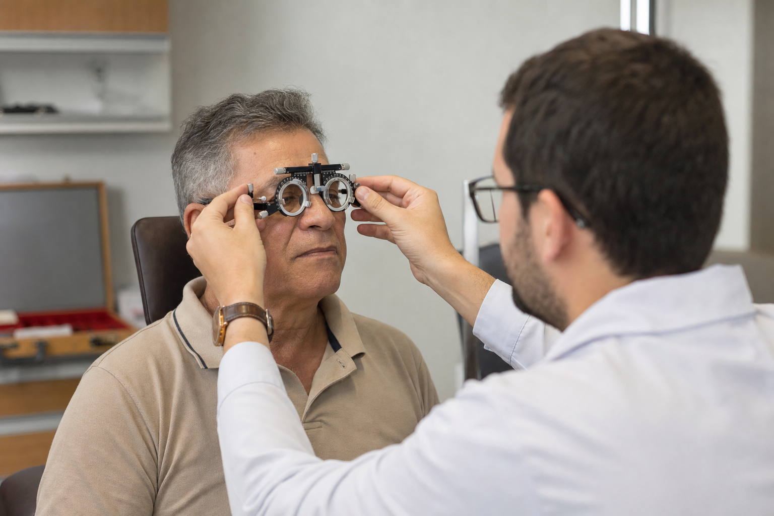 Optometrista examina paciente com cuidado em ambiente acolhedor.