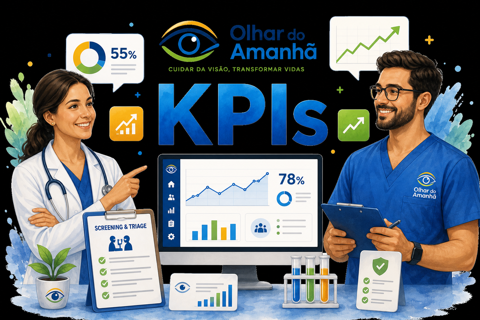 Profissionais de saúde visual analisando indicadores de triagem e screening.